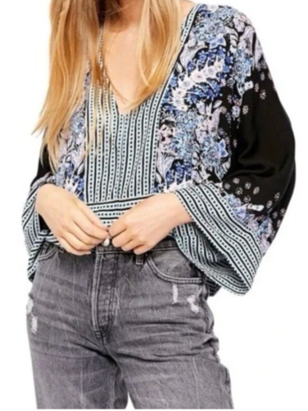 Free People Boho Floral Bell Sleeve Blouse Small Festival Bohemian Top